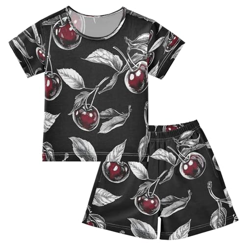 senya Short Sleeve Pajamas Sets Summer Cotton Sleepwear Red Cherry Black Background