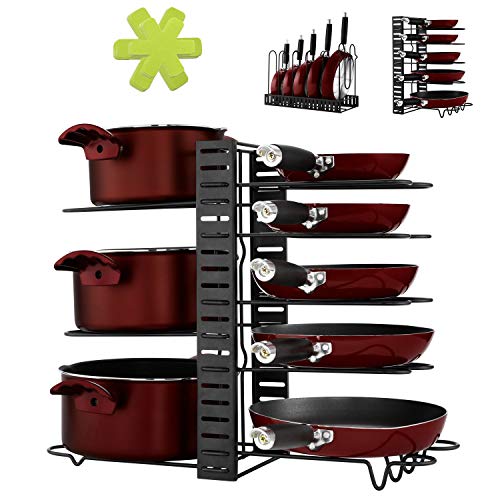 Magicfly フライパンスタンド （8仕切り フライパンラック） 鍋蓋収納 3インストール方法 ふたスタンド 収納マット6枚付 黒