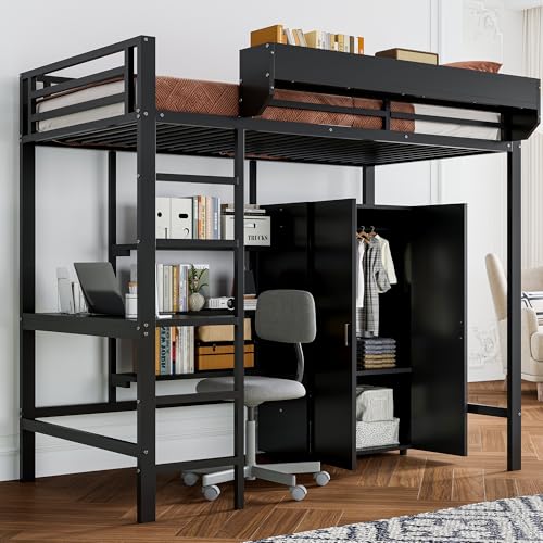 Cama Alta de 90x200 cm con Mesa Armario litera con Escalera de 5 peldaños Cama Individual Muchos Compartimentos de Almacenamiento Cama de Hierro para Adultos Adolescentes Cama de Invitados Negro