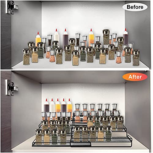 GEEBOBO 4 Tier Expandable Spice Rack Organizer for Cabinet Countertop Pantry Cupboard (12.5 to 25\"W), Spice Storage Holder Seasoning Rack Organizer, Kitchen 4 Step Shelf with Protection Railing, Metal, Black, 2Pack