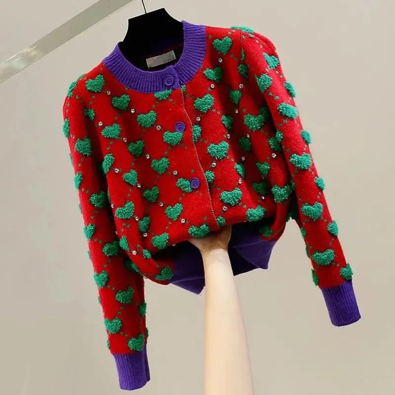 Damski sweter z dzianiny w kratę z okrągłym dekoltem, kardigany vintage, jednorzędowy, krótki kardigan