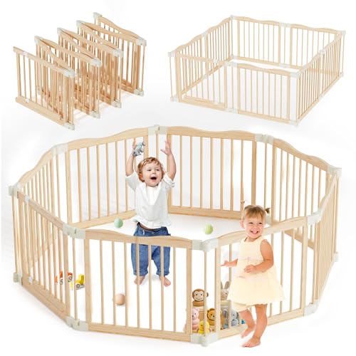 Foldable Wooden Playpen - Adjustable Wood Baby Play Yard with Child-Proof Lock, Indoor Large Safety...