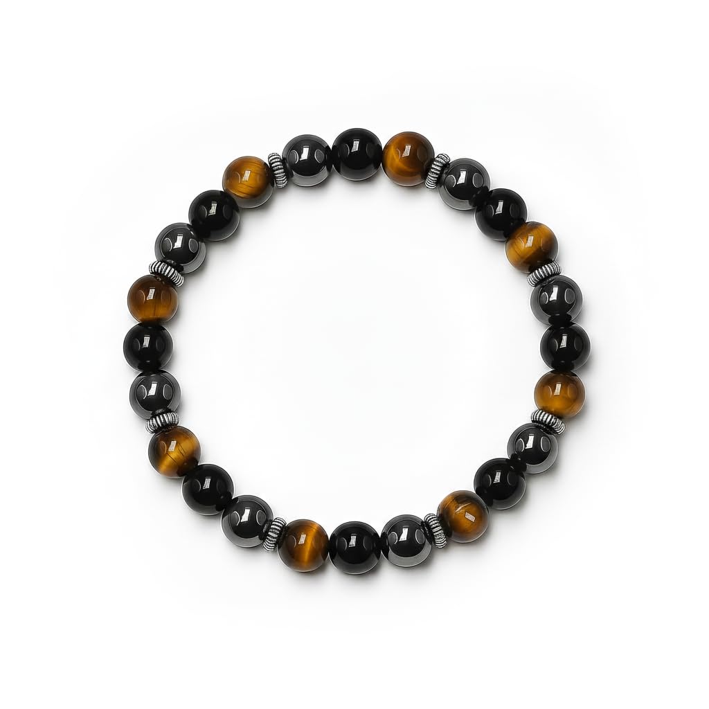 Extra Strength Energy Protection Bracelet, Tiger's Eye, Hematite, Black Obsidian, and Sterling Silver Prosperity Bracelet