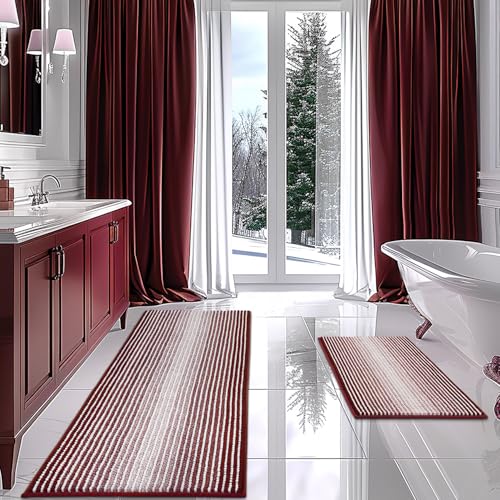 Bathroom Rugs and Mats Sets, 2 Piece Thick Absorbent Chenille Bath Mat Rug Set Non Slip, Soft Shaggy Bath Room Floor Mats for Bathroom, Machine Washable (Burgundy Red, 20" x 60" Plus 20" x 32")