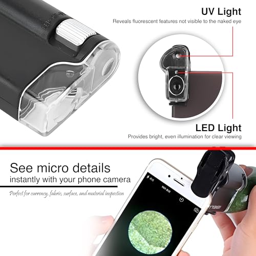 Image of iBELL IBL60-10 Professional Pocket Microscope with Phone Clip, 60X-100X Magnification, Optical Glass Lens, LED Illumination, Portable Handheld Microscope for Inspection and Educational Use