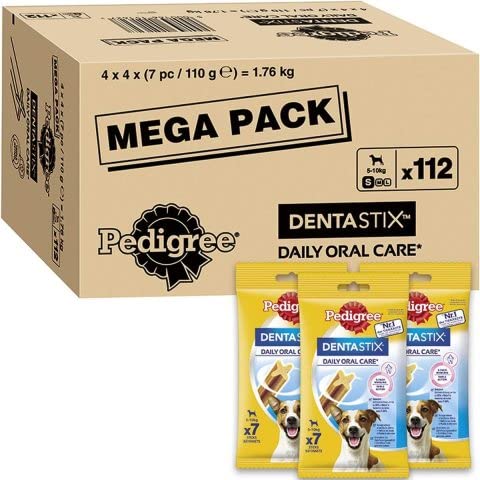 PEDIGREE DENTASTIX Sticks Dentaires pour Petit Chien 5-10kg - 112 Bâtonnets à Mâcher (Lot de 4 Boîtes de 28 Friandises) - Hygiène Bucco-dentaire, Scientifiquement Prouvé, Nettoyage Dents au Quotidien Cover