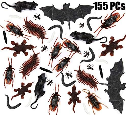 155Pcs Plastic Realistic Bugs Insects Fake Bats,Cockroaches, Ants ,Mice,Geckoes,Centipedes,Maggots and Worms for Halloween Party Favors and Decoration