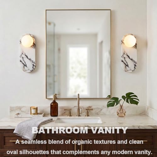 Image of Natural Marble Wall Sconces, Alabaster Wall Light, Hardwired Wall Light Fixtures, Modern Wall Mount Wall Lights for Dining Room Stairs Bedroom 13.8in