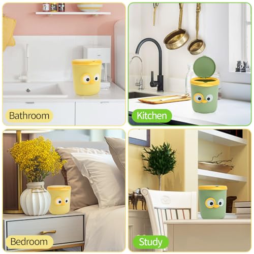 Image of Mini Trash Can, Cute Small Trash Can with Lid, Desktop Paper Bin with 5 Rolls of Bin Liners, Portable Tabletop Dustbin, Cartoon Animal Rubbish Storage for Office Bedroom Desk Car Kitchen (Green)
