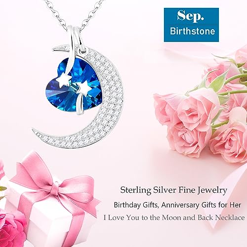 I Love You to the Moon and Back Half Moon Necklace Women Birthday Gifts Mom Wife September October Birthstones Blue Sapphire Pink Tourmaline and More Stones 925 Sterling Silver Jewelry2
