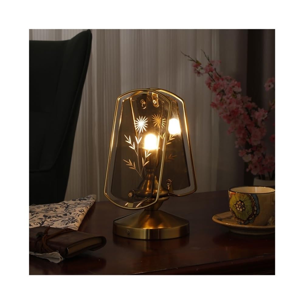 Lámpara de noche moderna para dormitorio, Lámpara de mesa francesa retro de vidrio tallado y hierro forjado, iluminación interior de bajo consumo con LED dorados. , para oficina, sala de estar, noche