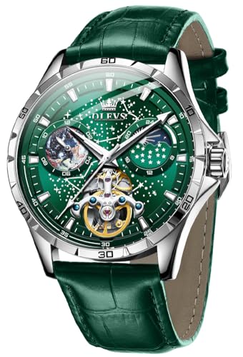 OLEVS Mens Leather Watches Automatic Mechanical Skeleton Tourbillon Diamond Luxury Self Winding Dress Wrist Watches Moon Phase Waterproof Luminous