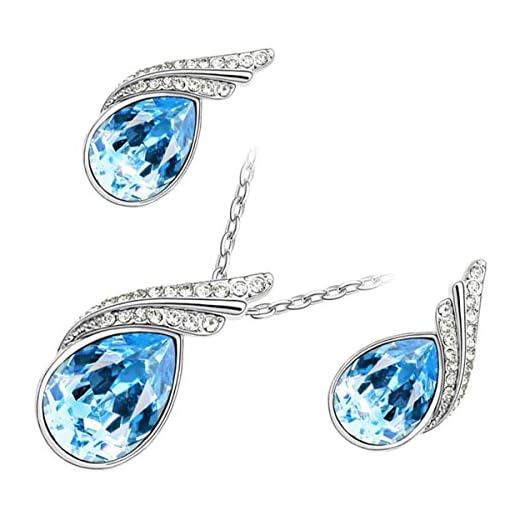 GWG® Conjunto Collar y Pendientes para Mujeres, Bañado en Oro Blanco 18K Cristal Central de Gota de Agua de Color Turquesa Azul Adornado con 2 Bandas de Cristales Diamante Claros