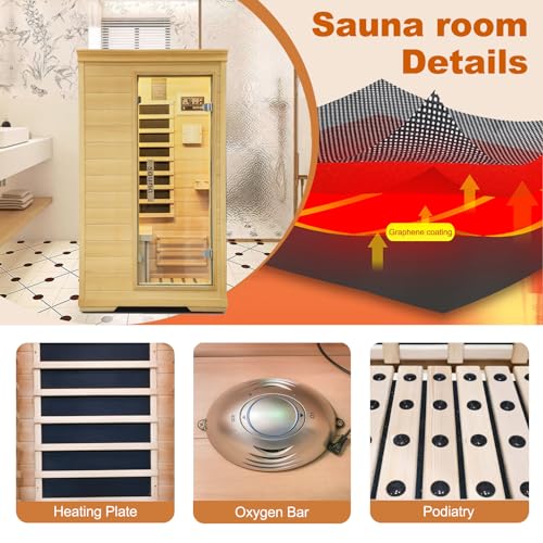 Far Infrared Sauna Room, 1 Person Wood Side-Opening Indoor Sauna Low EMF 5 Heating Panels 1050W Infrared Therapy for Personal Wooden Dry Sauna Home Spa Room Mother'Day Gift - Image 3
