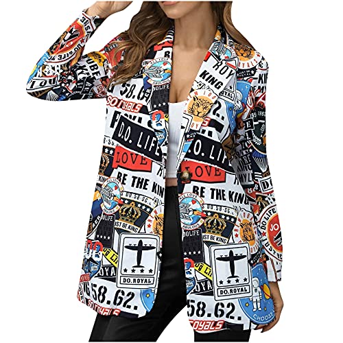Blazer for Women Fashion 2021 Casual Abstract Print Open Front Suit Jacket Long Sleeve Y2K Lapel Coat Black