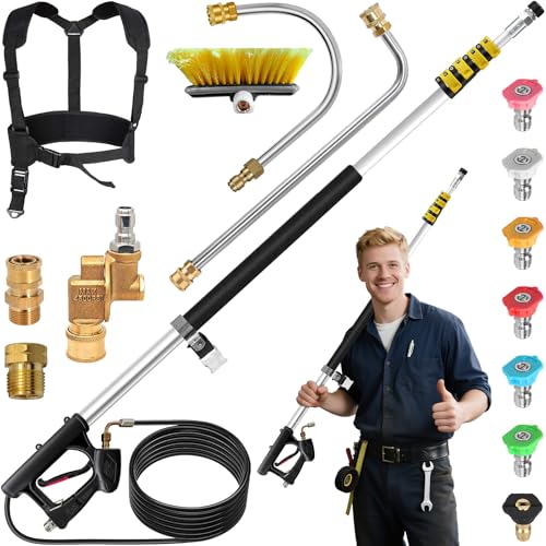 24 FT Pressure Washer Telescoping Wand - Pressure Washer Extension Wand with Brush Head Gutter Cleaner 7 Spray Nozzle Tips 3 Hose Adapters and Support Belt Gutter Cleaning Tools