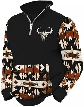 LOAIHA Native American Mens Sweatshirt Aztec Jacket Hoodies for Men Long Sleeve 1/4 Zip Western Pullover Cowboys Jacket