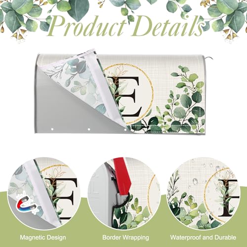 Image of Tiamon Monogrammed E Mailbox Covers Magnetic Eucalyptus Welcome Letter Box Wrap Standard Size 21x18 Inch Spring Summer Leaves Mailbox Decor Eucalyptus Letter Numbers Decoration for Outdoor Garden Yard