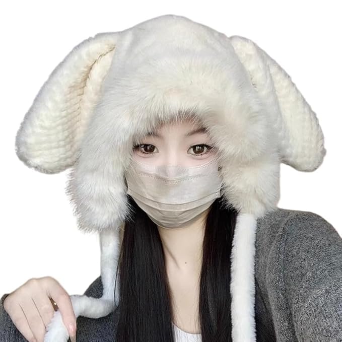 Women Winter Rabbit Ears Beanie Hat with Pompom Faux Fur Knitted Hat | Full Face Cover Super Soft Velvet Fur Woolen Skull Monkey Cap for Girls & Ladies-picture-48