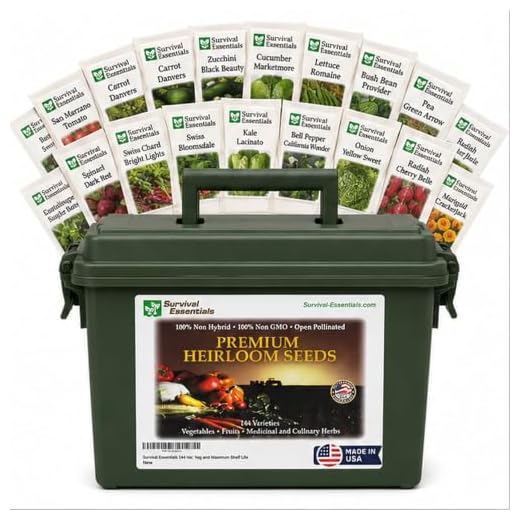 Survival Essentials Ultimate Heirloom Seed Vault, 144 Variety Packed in Superior Ammo Can, Over 23k Seeds for Planting Vegetables and Fruits, for Survival and Emergency Supply, Non-GMO