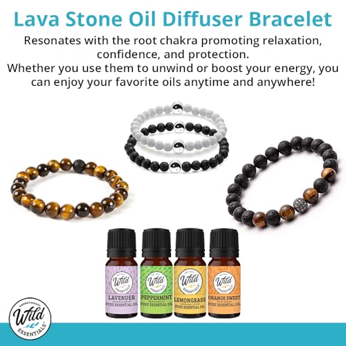 Wild Essentials Turquoise and Hematite Lava Stone Essential Oil Diffuser Bracelet, Expandable Elastic, Aromatherapy Jewelry Gift Set and 100% Pure Oils (Lavender, Lemongrass, Orange and Peppermint) - Image 5