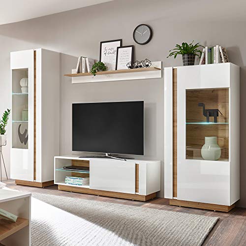 Lomadox Wohnwand mit 2 Vitrinenschränken in weiß Glanz und Grandson Oak Eiche Nb.