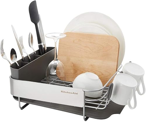 Miniatura 3 de KitchenAid Escurridor de platos compacto que ahorra espacio, resistente al óxido, con tabla de drenaje inclinada de autodrenaje y organizador de