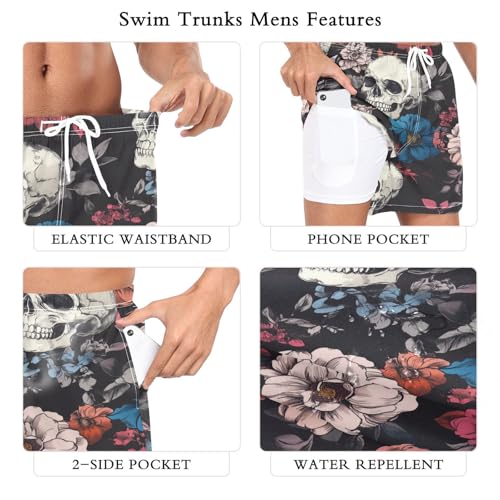 Skull Colorful Flowers Men's Swim Trunks with Liner Quick Dry Beach Shorts Swimwear Bathing Suit S-XXL2