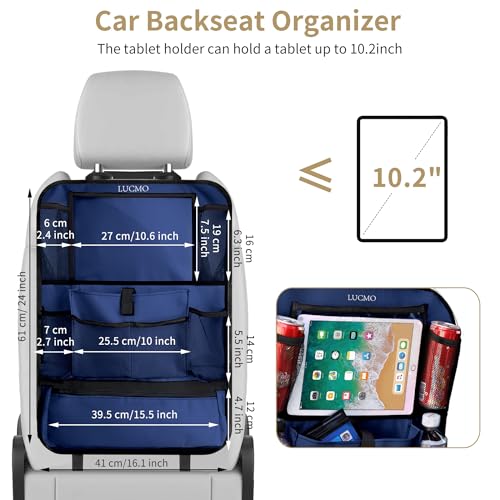 Image of LUCMO Car Backseat Organizer with Touch Screen Tablet Holder,Dark Blue | 2 Pcs,9 Storage Pockets,Clear Tablet Holder,Protectors Kick Mats,Travel Accessories,Seat Cover,Road Trip Essentials
