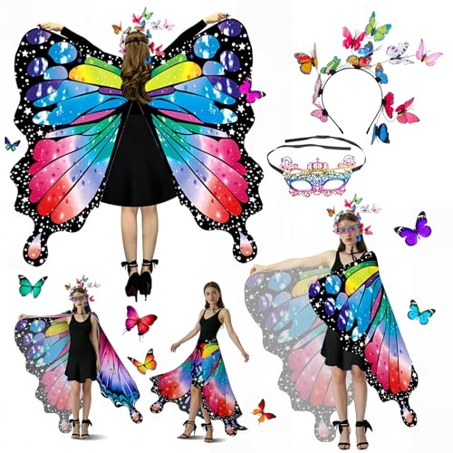 Kuvarix Disfarce de borboleta para mulher, xaile de borboleta para adulto que inclui toque e máscara de borboleta, disfarce de mulher carnaval para carnavais, festas e jogos de RPG (máscara colorida)