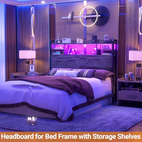 Image of Aheaplus Headboard for Full Size Bed with Storage and Outlets, Black Oak | Headboards with LED Light, Power Outlets, USB Ports Full Size Head Board, Wood headboard Only Sturdy and Stable Headboards