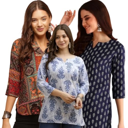Image of Women's Printed Short Kurti Tops Rayon Cotton Blend Tunic Combo