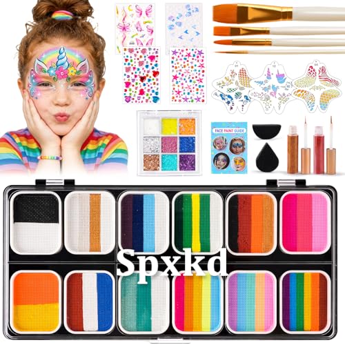 Face Painting Kit for Kids Adults 12X10gm Split Cake Face Paint Palette with 9 Gliters 2 Eye Shadow Sticks 2 Sponges 6 Stencils