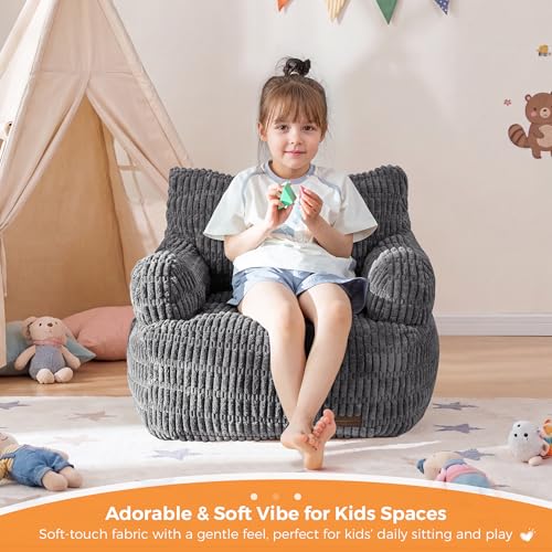 Image of MAXYOYO Kids Bean Bag Chair, Stuffed Toddler Bean Bag Sofa with Filler | Bean Bag Chair for Boys and Girls, Boho Striped Fabric Lazy Sofa with Pocket Floor Chair for Gaming, Reading, Dark Grey