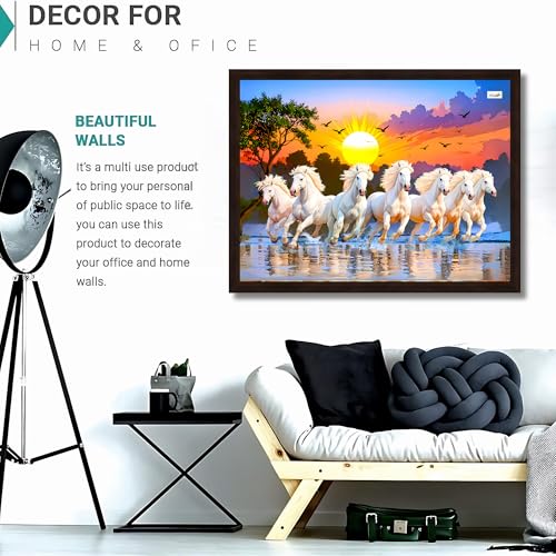 Image of 7 Horses Painting with Frame for Vastu - Rising Sun Wall Decor Painting | 7 Horses Wall Decor Photo Frame 12 x 18 inch | Modern Art Wall Painting for Living Room, Bedroom & Home Decoration