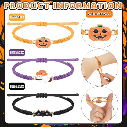 36 Pack Halloween Bracelets Party Favors Bulk Ghost Pumpkin Bat String Rope Adjustable Bracelet Gift Orange Mini Purple Black Boo Basket Gift for Women Men Family Friends3