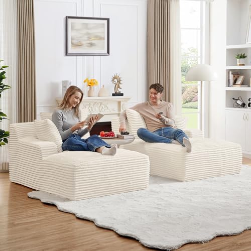 Image of Oversized Chaise Lounge Chair Indoor,78.7 inchW Upholstered Corduroy Cloud Sofa Boneless Couch,Modern Deep Seat Comfy Sofa Chair,Loveseat Sleeper Couch Bed for Livingroom,Bedroom,No Assembly(White)