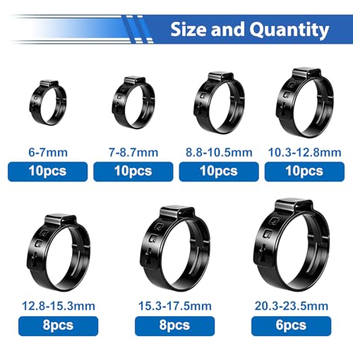 Image of 62Pcs 7 Sizes 304 Stainless Steel Black Single Ear Hose Clamps 6-23.5mm Crimp Hose Clamps Assortment Kit Perfect for Automotive /Home Appliance /Water Pipe and Fuel Line