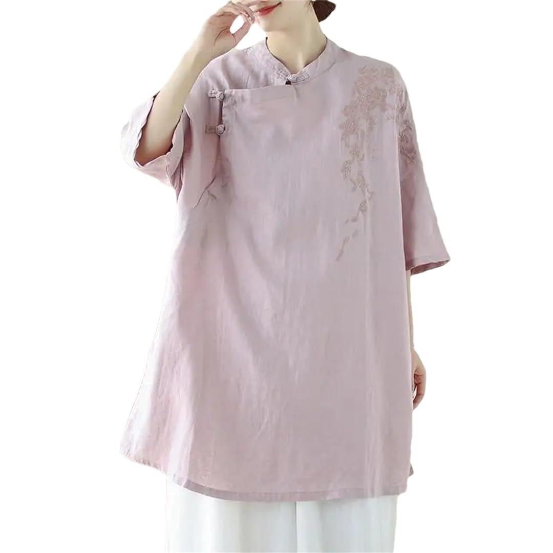 Chemise longue décontractée brodée en coton et lin pour femme