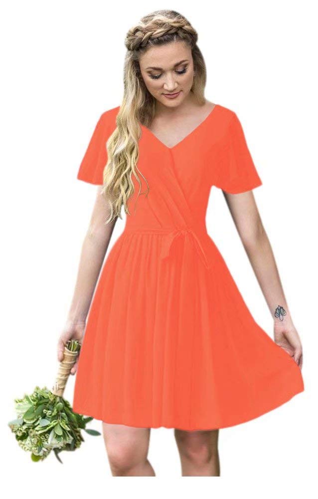 Andybridal Stylish A Line V Neck Open Back Short Sleeves Chiffon Short Bridesmaid Dress with Belt