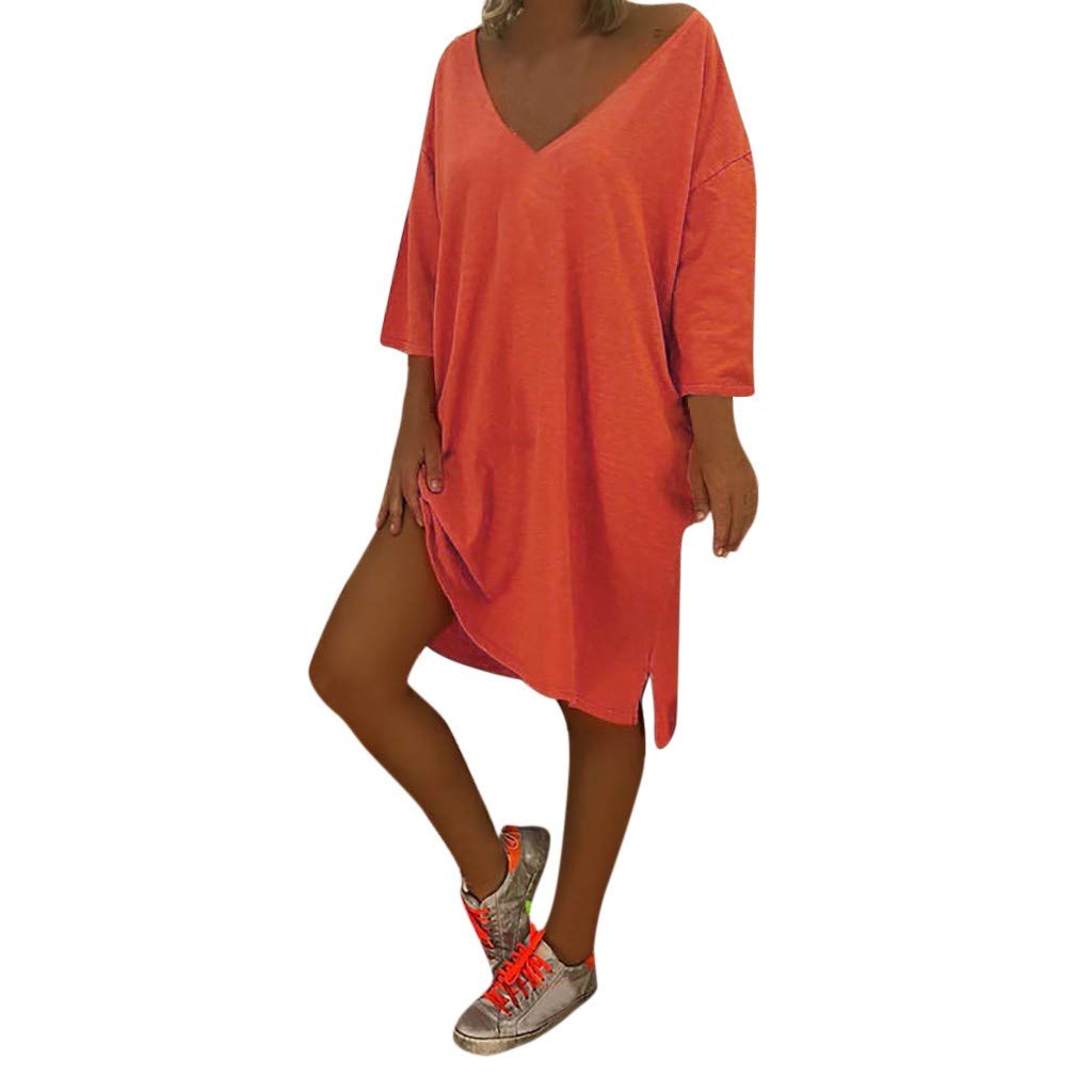 Beautyfine Boho Beach Dress for Women V Neck Feminino Vesti Caftan Cover Plus Ladies Baggy Dress Orange