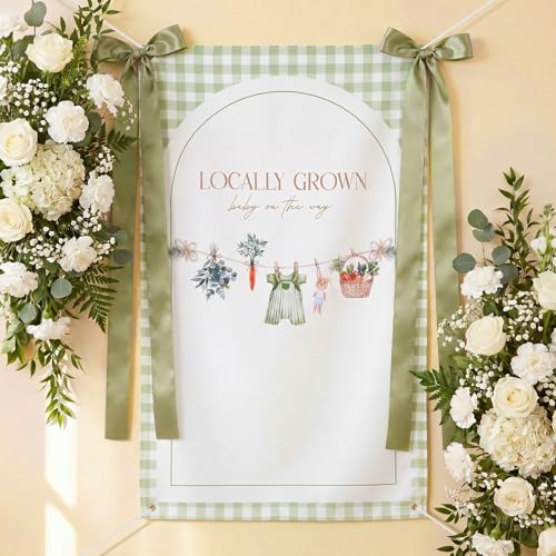 CrystalSylara 40 x 60 Inch Locally Grown Baby on The Way Backdrop Banner, Green Checkered Polyester Fabric Baby Shower Backdrop with Ribbon, Boho Light Green Gender Reveal Birthday Party Decoration
