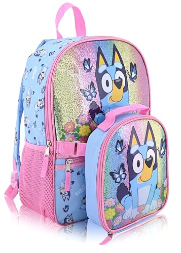 Fast Forward Mochila Bluey com lancheira para crianças | Lancheira isolada para meninos, meninas e crianças | Mochila para escola e lancheira reutilizável, azul, mochilas de viagem, Azul