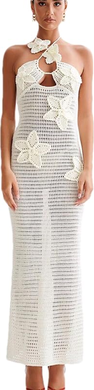 RanRui Women's Halter 3D Flower Knitted Hollow Out Beach Dress balckless Open Back Swimsuit Cover up Holiday Party Dress