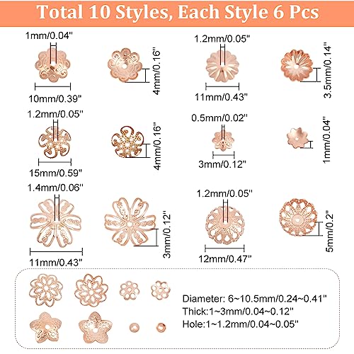UNICRAFTALE 60pcs 10 Styles 0.5/1/1.2mm Hole Stainless Steel Bead Cap Rose Gold Fancy Hollow Bead End Caps Multi-Petal Flower Spacers Bead Metal End Charm Caps Loose Beads for Jewelry Making - Image 2