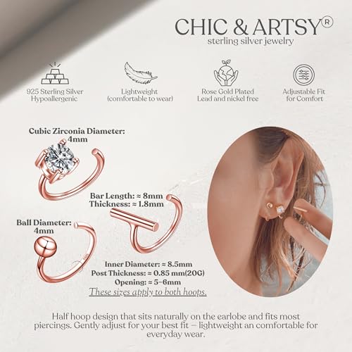 Image of CHIC & ARTSY 925 Sterling Silver Half Hoop Earrings for Women, Small Huggie Hoops Set with Ball Bar Star Moon Cross & Pearl, Lightweight Comfort Fit Everyday & Sleep Earrings