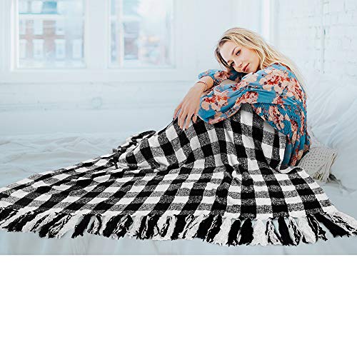 Pavilia Plaid Blanket, Soft Throw Blanket For Couch Sofa Bed, Knit Chenille Throw Blanket For Chair Living Room Decor, Woven Knitted Decorative Blanket, White Black Buffalo Plaid Check 50X60In #TOP5