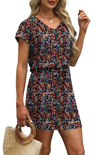 Image of OFEEFAN Summer Dresses for Women 2026 V Neck T Shirt Casual Mini Dresses Tie Waist Sundresses with Pockets
