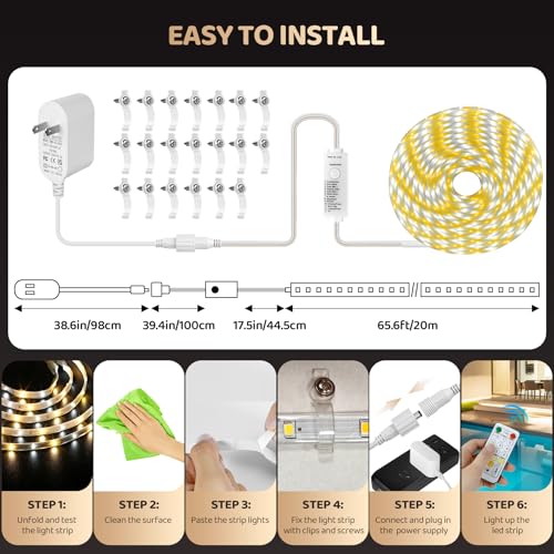 Image of 65.6ft Outdoor LED Strip Lights IP67 2700K-6500K CCT White with Remote | Warm to Cool Tunable White IP67 Waterproof LED Tape Light with Dimmer&Timer, 24V Outdoor Rope Lights for Backyard Patio House