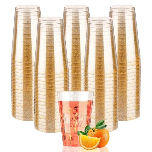 ZkateTrade 50 Stück Hartplastik Plastikbecher mit Goldglitter, 420ml Kunststoff Partybecher, Mehrweg Transparent Trinkbecher für Party, Hochzeiten, Geburtstag
